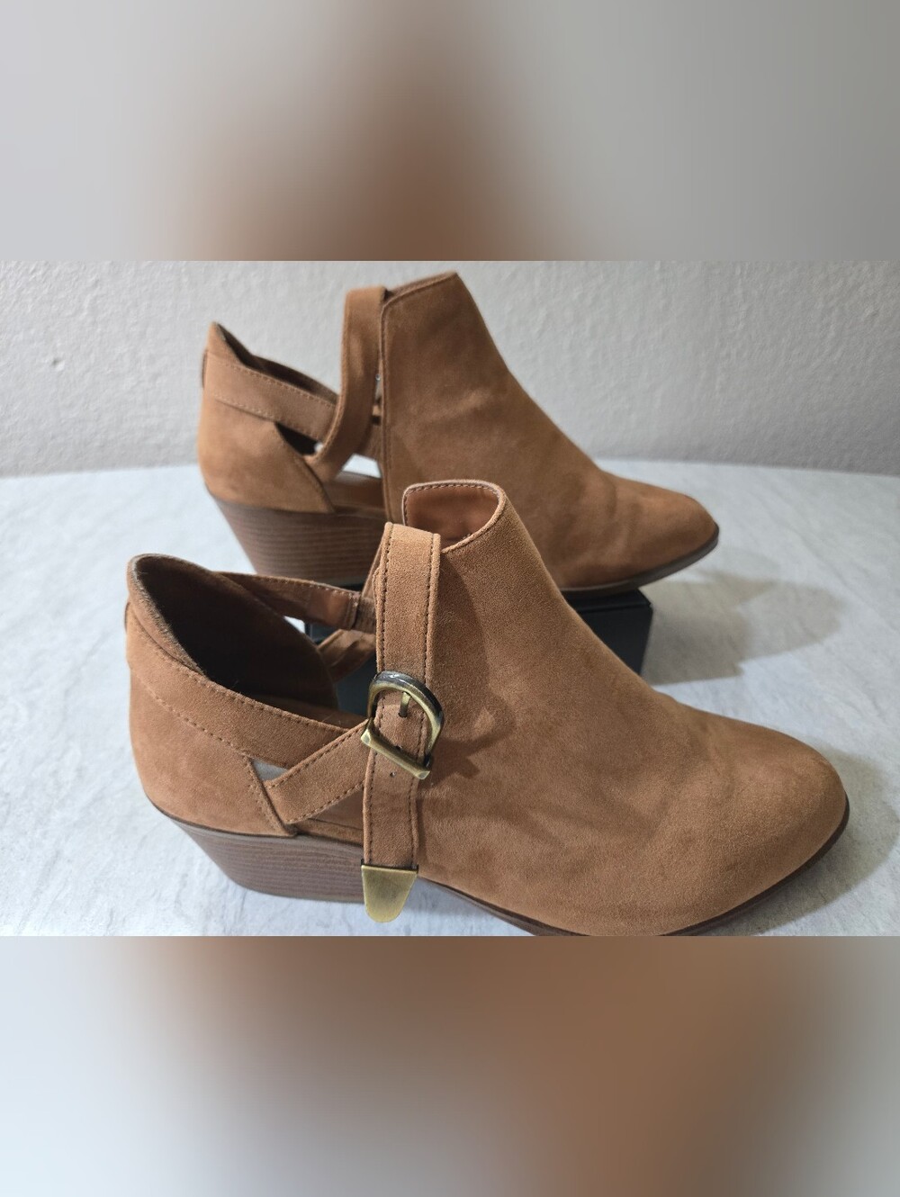 Time and Tru Tan Suede Ankle Booties with Buckle Detail